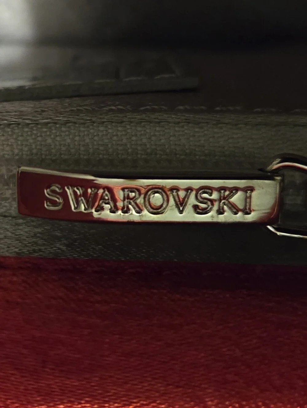 Swarovski Red Satin Evening Clutch Purse Featuring Pave Crystal 6x4.5x1.25